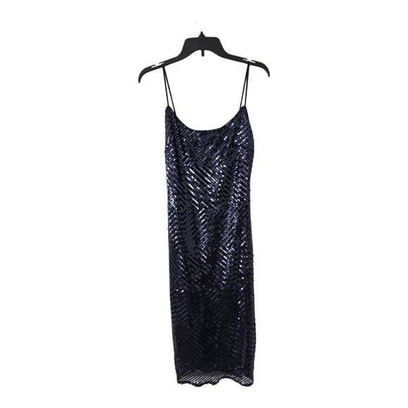 BEBE MAXI SLIP DRESS WOMEN BABYDOLL ROUND NECK SHIMMER SZ 6 BLACK GLITTER - Picture 1 of 14